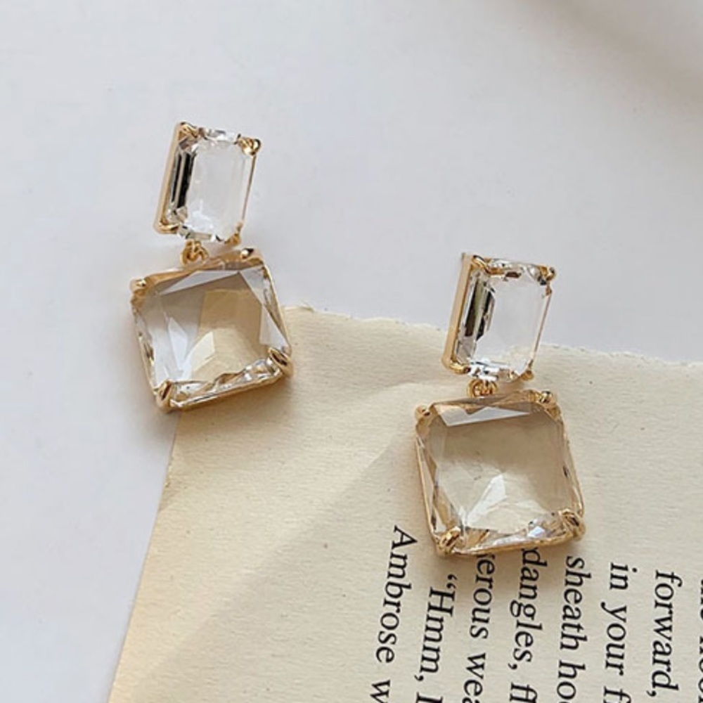 Gold plated double square clear resin drop earrings